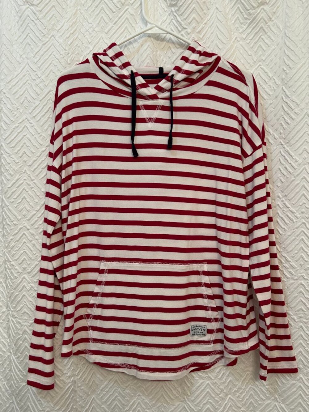 Orvis Striped Pullover Hoodie Kangaroo Pocket Beach Size Small